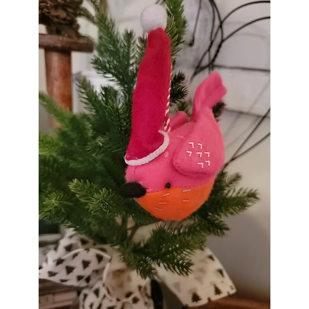 Wondershop Christmas 2015 Holiday Felt Pink& Orange Bird Ornament  Red Santa Hat